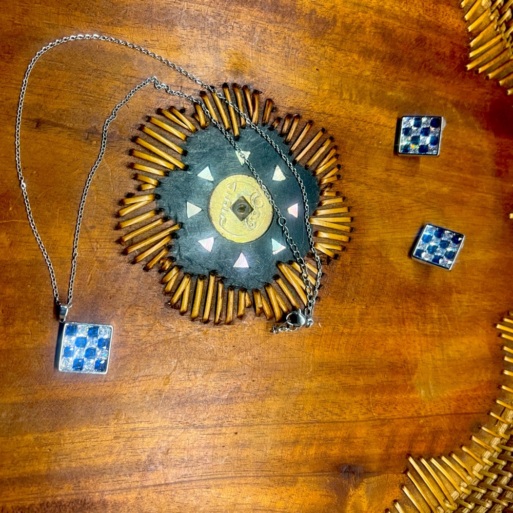Blue and Silver Checkered Square Studs & Necklace Set